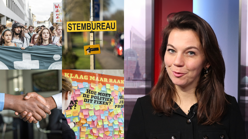 Politiek verslaggever Marleen de Rooy met collage van protest, stembureau-bord, handen schudden en muur met sticky notes