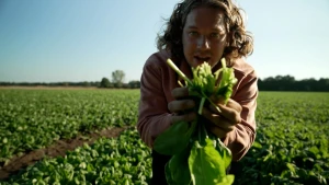 Een foto van een presentator in een veld vol met spinazieplanten. De presentator toont een aantal bladeren van de spinazieplant van dichtbij.