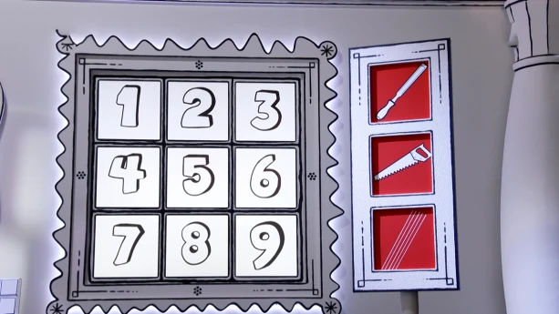 Een zwart-witte tekening van een tabel met negen vakjes met cijfers erin. Naast de tabel staan drie rode vakjes met een beitel, een zaag en snaren.