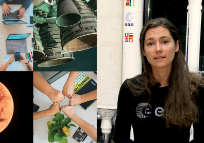 Collage van afbeeldingen, met een tafel waaraan mensen samenwerken met laptops, uitlaten van een raket, de planeet Mars, vijf handen die hun vuisten bij elkaar houden boven boeken en een grote afbeelding van een vrouw in een shirt met ESA erop