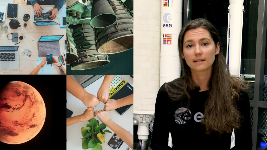 Collage van afbeeldingen, met een tafel waaraan mensen samenwerken met laptops, uitlaten van een raket, de planeet Mars, vijf handen die hun vuisten bij elkaar houden boven boeken en een grote afbeelding van een vrouw in een shirt met ESA erop