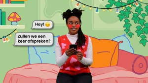 Een animatie van een getekende bank met daarop de foto van een presentator met rood getekende wangen. Naast de presentator is een tekstballon zichtbaar met de vraag "Zullen we een keer afspreken?". 