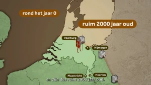 Illustratie Nederland in Romeinse tijd met steden langs grenzen.