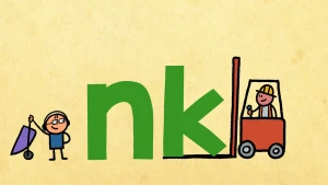 Illustratie van Rob met kruiwagen naast nk en daarnaast vorkheftruck die letters inlaadt.