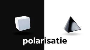 Tekening over het woord polarisatie, met links een witte kubus op een zwarte achtergrond en rechts een 3d-driehoek op een witte achtergrond.