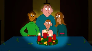 Een tekening van vier mensen met daarvoor een tafel met vier kaarsen in een kerskrans van takken versierd met sterretjes en linten. De mensen vieren het christelijke feest advent.