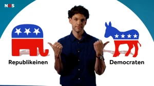 Een foto van presentator Benjamin die met z'n duimen wijst naar de logo's van de grootste politieke partijen in Amerika: een olifant voor de republikeinen en een ezel voor de democraten.