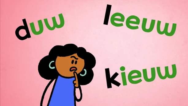 Illustratie van vrouwelijk poppetje met een gefronst gezicht bij de woorden duw, leeuw en ieuw. Bij de woorden zijn de laatste letters groen gearceerd.