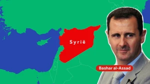 Kaartillustratie van het land Syrië in het Midden-Oosten met daarnaast een foto van de gevluchte dictator van het land, Bashar al-Assad.