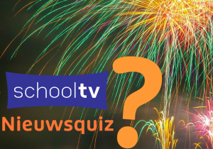 Op deze afbeelding is siervuurwerk en het Schooltv Nieuwsquizlogo te zien.