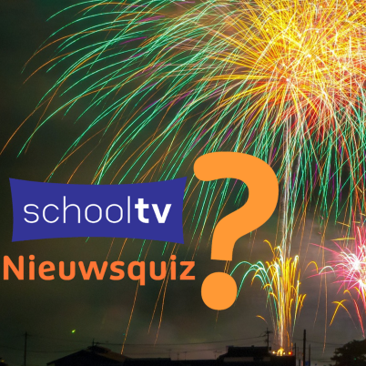 Op deze afbeelding is siervuurwerk en het Schooltv Nieuwsquizlogo te zien.