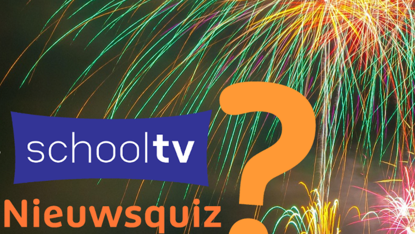 Op deze afbeelding is siervuurwerk en het Schooltv Nieuwsquizlogo te zien.