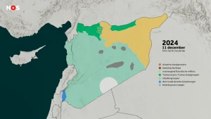 Een landkaart met Syrië in het midden. Verschillende gebieden in Syrië hebben verschillende kleuren. Het grootste gedeelte is groen gekleurd om aan te geven dat de rebellengroepen daar de macht hebben. De datum 11 december 2024 staat op de kaart.