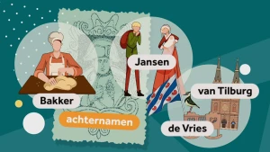 Illustratie van drie verschillende soorten Nederlandse achternamen; beroep zoals bakker, vernoeming zoals Jansen en vernoeming naar woonplaats zoals van Tilburg of de Vries.