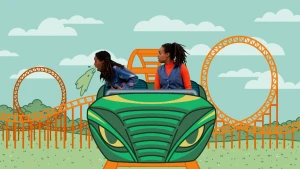 Illustratie van twee meisjes in een achtbaan, eentje geeft over.