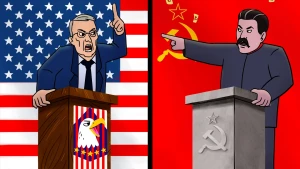 Illustratie van president Truman en dictator Stalin die vanachter spreekgestoeltes dreigende taal uitslaan naar elkaar tijdens de Koude Oorlog. Op de achtergrond de vlag van hun landen.