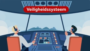 Illustratie van de cockpit van een vliegtuig met twee piloten die omhoog kijken naar het plafond waar het woord 'veiligheidssysteem' staat geschreven.