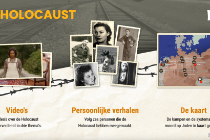 Screenshot van interactieve schoolplaat over de Holocaust. Er zijn drie categorieën te zien.