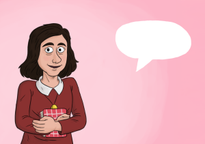Een tekening van Anne Frank, een jonge vrouw met halflang donker haar. Ze houdt een roze dagboek vast. Rechts van haar is een witte spraakballon getekend.
