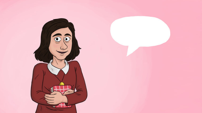 Een tekening van Anne Frank, een jonge vrouw met halflang donker haar. Ze houdt een roze dagboek vast. Rechts van haar is een witte spraakballon getekend.