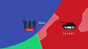 Tekening van een landkaart van Israël en Gaza, met tekening van soldaten met tekst 'Hamas' en een tank bij het gebied van Israël.