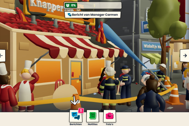 Een screenshot uithet interactieve spel Brand van het Klokhuis, je ziet een tekening met rechts restarant de knapperige korst waar brand is.