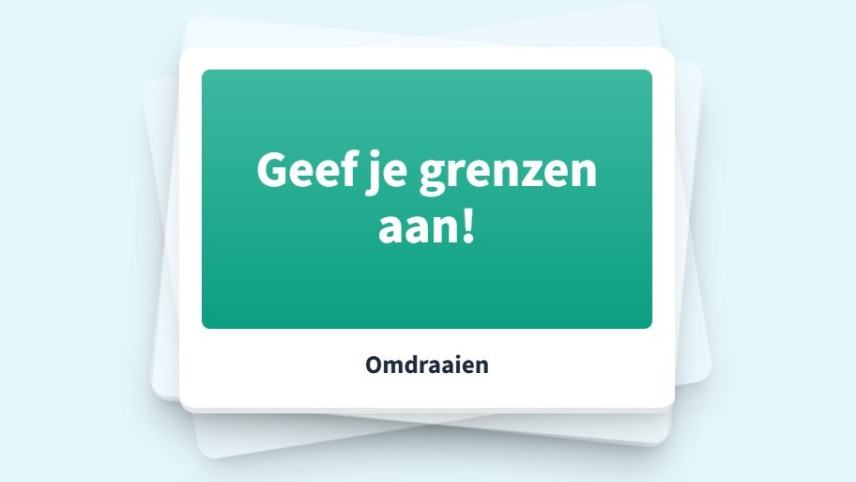 Een illustratie van een stapel kaartjes, op de bovenste staat Geef je grenzen aan! met daaronder 'Omdraaien'