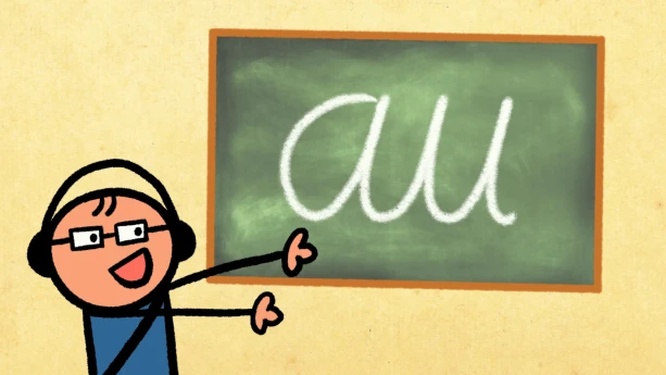 Illustratie van poppetje met koptelefoon voor een schoolbord met au