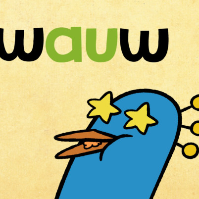 Illustratie van pauw met gele sterren in de ogen en het woord 'wauw' erboven.