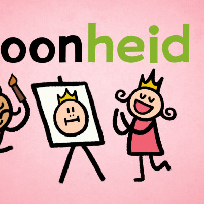 Illustratie van schilder met portret van meisje met kroon die blij is met haar portret.