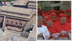 Links een foto van het Vaticaan en links een foto van allemaal kardinalen met rode kleding aan.