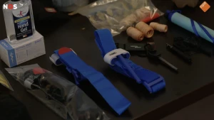 Foto van de inhoud van een noodpakket met onder andere handgel, tape en banden.