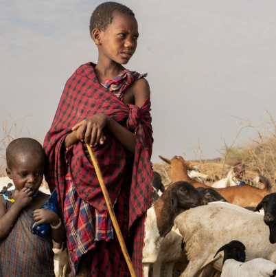 Een foto van twee masai kinderne bij een kudde geiten in Kenia, op de achtergrond zie je een hutje en een soort schuur.