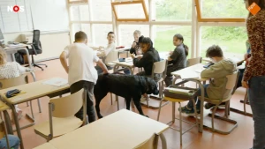 Foto van een blindengeleidehond die rondloopt tussen de kinderen in een klaslokaal.