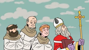 Illustratie van Bonifatius, bisschop in rood gewaad met witte mijter en gouden staf met christelijke volgelingen. 