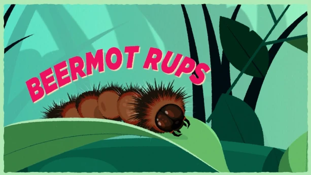 Illustratie van bruine harige rups op blad.