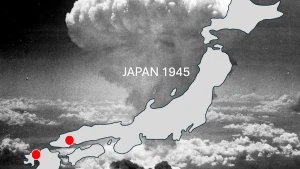 Foto van een ontploffende atoombom met een kaart van Japan in 1945.
