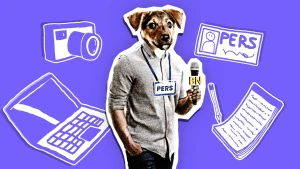 Illustratie van journalist met een hondenkop die microfoon vasthoudt. Om hem heen staan illustraties van een fotocamera, laptop, perskaart en notitieblok.