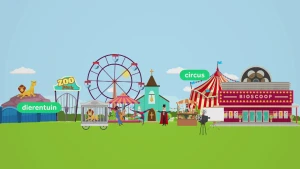 Illustratie met daarom een dierentuin, kermis, kerk en circus