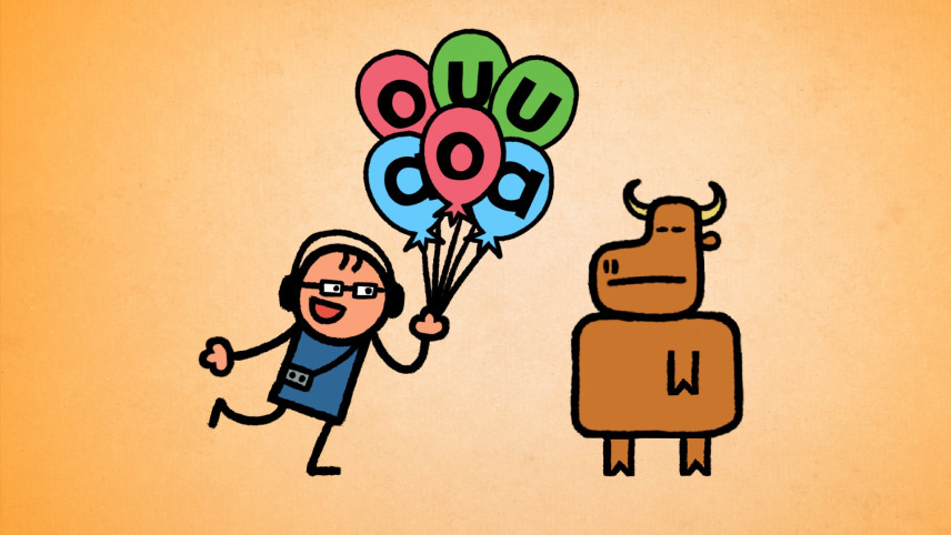 Illustratie van mannetje met tros ballonnen met letters bij bruine koe.