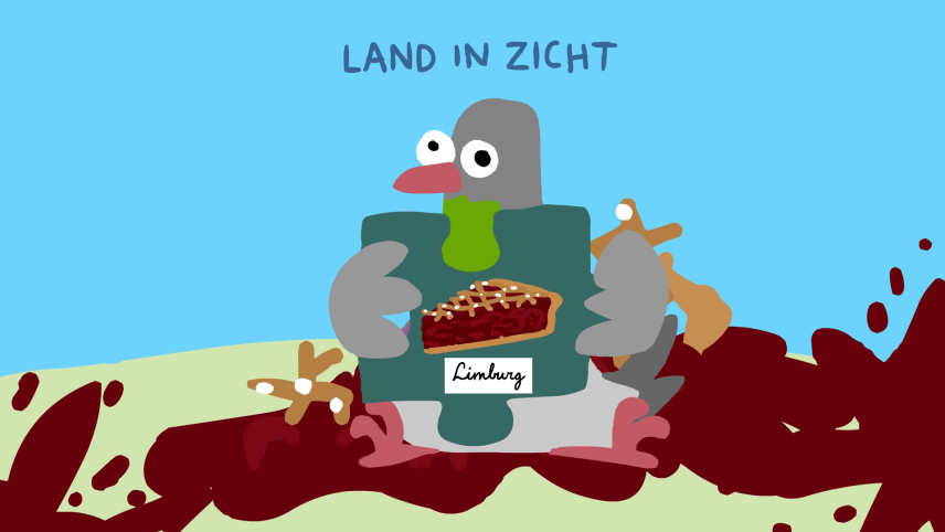 Illustratie van duif met puzzelstukje met daarop een Limburgse vlaai