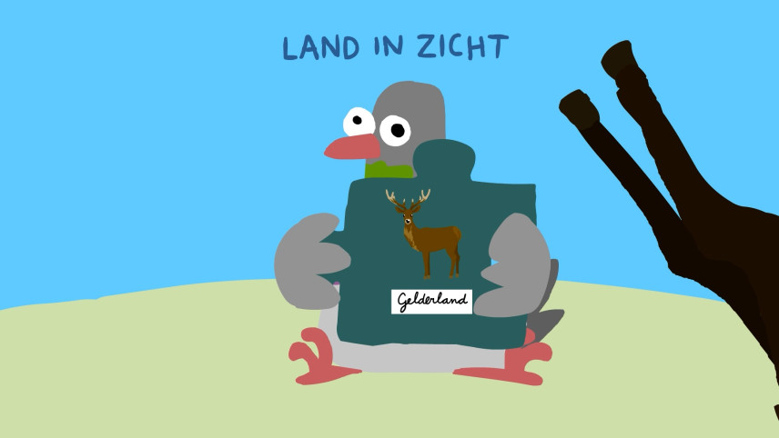 Illustratie van duif met puzzelstuikje met daarop een edelhert.