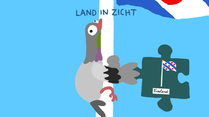 Illustratie van duif die tegen een vlaggenmast is gevlogen met in zijn hand een puzzelstukje met daarop de Friese vlag