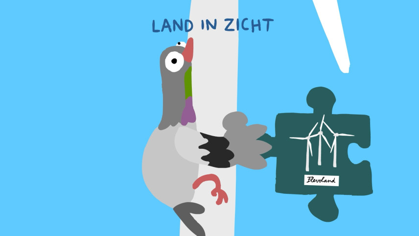 Illustratie van duif die tegen een windmolen is gevlogen met in zijn hand een puzzelstukje met daarop drie windmolens.