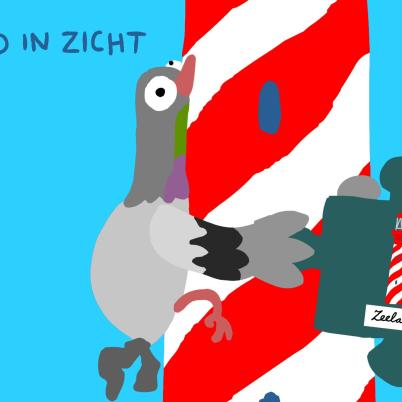Illustratie van een duif die tegen een roodwitte vuurtoren is aangevlogen met in zijn hand een puzzelstukje met die vuurtoren erop.