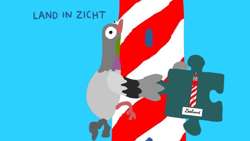 Illustratie van een duif die tegen een roodwitte vuurtoren is aangevlogen met in zijn hand een puzzelstukje met die vuurtoren erop.