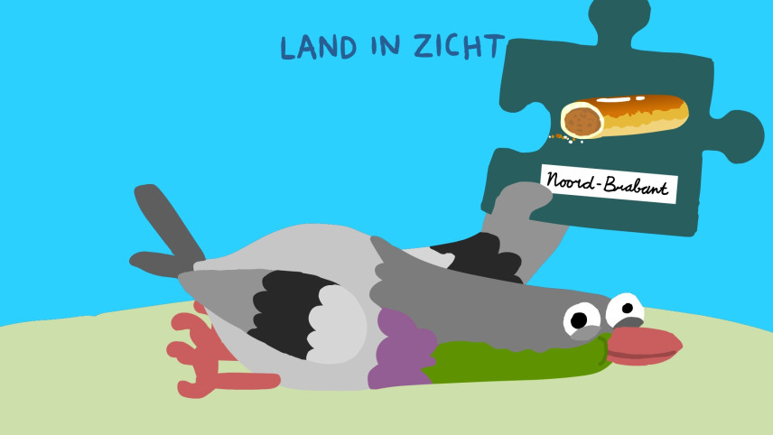 Illustratie van duif met puzzelstukje van worstenbroodje.