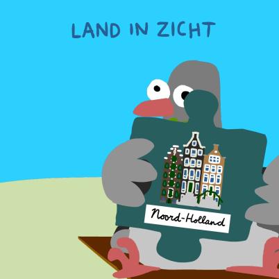 Illustratie van duif met puzzelstukje met grachtenpanden.