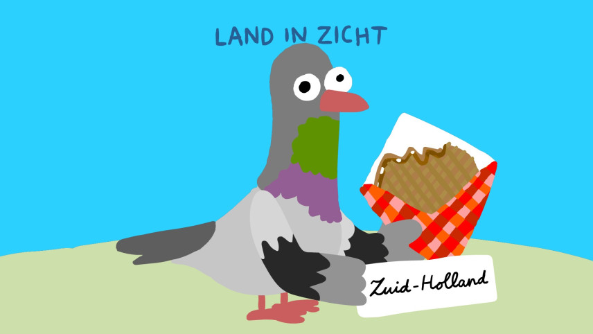 Illustratie van duif met stroopwafel in een geruit papiertje.