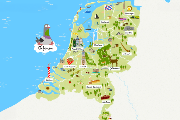 Een getekende kaart van Nederland met provinciegrenzen. Op de kaart zijn icoontjes getekend, zoals de Domtoren, bossen en herten. Boven de Noordzee zweeft een duif op een wolk.